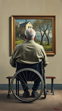 Bosch painting style a rear view of a handicapped man sitting on a bench facing a a surrealism picture on the wall , show from the back of the picture