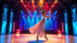 full body shot of a very beautiful Azeri lady with makeup and bob hair, wearing a pretty long skirt and heels, dancing gracefully on a modern stage with luxury structure and dynamic color lights.