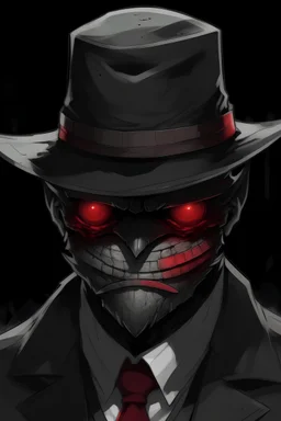 A character with a a grey straw hat glowing red eyes and no head in a black torn up suit