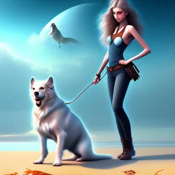 tablet on the beach, girl with dog, fantasy art, computer graphics,realistic