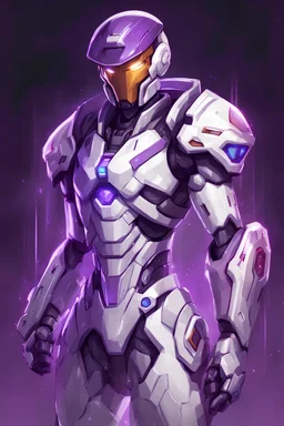 Futuristic soldier that heavily resembles Samus Aran, but is male. Has purple lighting for the visor and arm cannon, and is white armor. 2D Drawn art