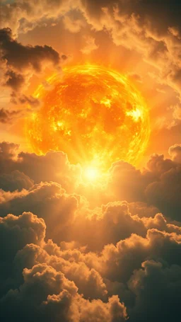 A huge ball of fire above swirling clouds, emerges from the heart of a raging storm. Turbulent winds of steam swirl around the sun lit by shafts of sunlight that cast dramatic shadows on the A beautiful sun , High quality 16k cinematic scene and great photography