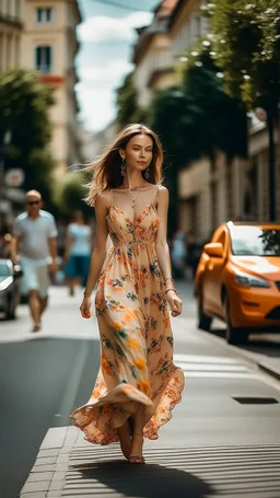 a beautiful designer European summer dress, hot summer, busy street, sweating, fashion photography, long shot