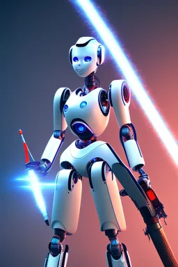 2 robot, red eyes, blue hair, light sword