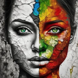 Create an image that portrays a face with contrasting textures and colors. One half shows a monochromatic, textured surface resembling tree bark or dry, cracked earth. The other half is vibrant with colorful elements of nature with splashes of paint with a torn paper edge on the far right. The eyes are detailed and realistic looking which adds an element of human connection amidst the abstract nature of the artwork