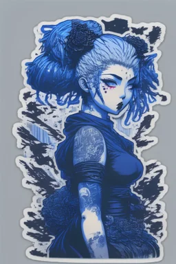 Sticker Goth Creepy cyberpunk huge girl, illustration by Katsushika Hokusai, darkblue tones,high detailed, 4k resolution, digital paiting, cute, art, no background,