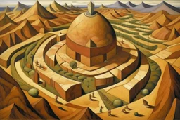 A brown X shaped prison on a planet painted by Diego Rivera