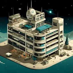 a realistic drawing of a hotel in space. This hotel does house people with the appearance of money, banknotes.