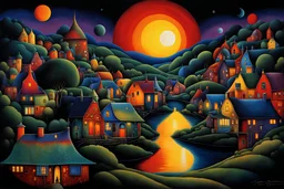 deep colors village dark surreal mood, mystic, nightly lights, shadows, by Hundertwasser, Joan Miro, Sorayama Hajime and Kandinsky, intricate details, beautifull shot, perfect composition, dark fantasy, sinister, surreal cinematic