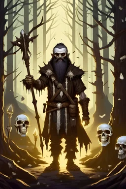 Portrait of a young male dwarf with dark mohawk and a long dark beard, with tanned skin, holding a glass staff, walking through the woods in light armour, surrounded by skeletons