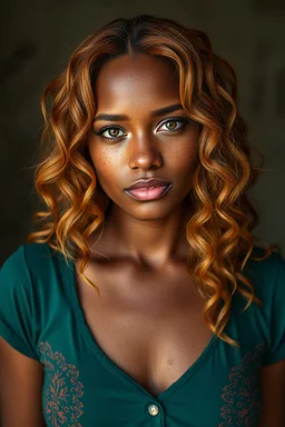 Incredibly beautiful ginger haired African woman with freckles. wavy hair, raw photo