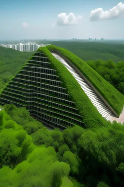 hotel minimalista en forma de piramide con mucha vegetacion y un cenote y carreteras