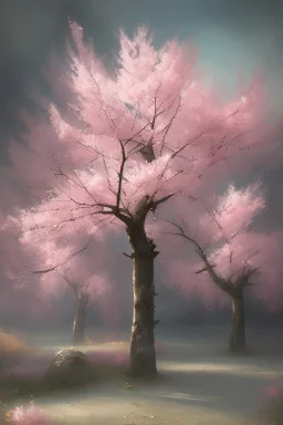 oil painting art japandi style of sakura trees in mute tone , vintage and pinkish shade