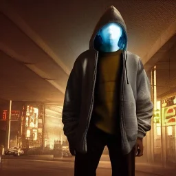 Morgan Freeman sad and crying in hoodie cyberpunk very detailed cinematic unreal engine photo realistic