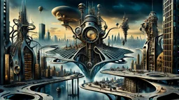a stunningly weird image of a futuristic metropolis using Salvador Dali's paranoiac-critical method, where buildings and structures appear to melt into the skyline cityscape is filled with floating mad, twisted sharp metal shapes that interact with the buildings and each other, forming a surreal tableau of a dreamlike reality. neu-steampunk vibe, essence of the scene in a cinematic manner, with dramatic shadows that enhance the distorted perspectives and bizarre