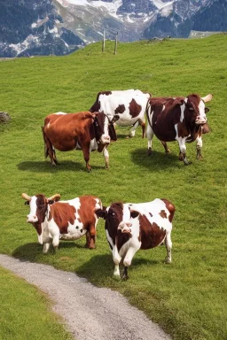 Brown and white cows walking on a path in the alps, Austria, green grass, hyper realistic, detailed, accurate, beautifully ornamented houses, open aperture, style Isabel Kreitz