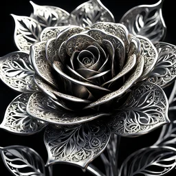 award winning close up photograph of a Stunning filigree (METAL ROSE:1.5) with reflective metal white-silver petals and platinum metal leaves, dramatic black backdrop, perfect showroom lighting, cinematic shot fitting of a jewelry magazine, dark space sky, intricate mech details, ground level shot, 64K resolution, Cinema 4D, Behance HD, polished metal