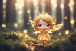 cute chibi golden fairy in a pinetree forest in sunshine, ethereal, cinematic postprocessing, dof, bokeh