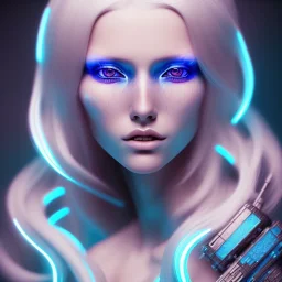 A beautiful portrait of a cute cyberpunk woman with long blond hair, high key lighting, volumetric light high details with white stripes and feathers and blue luminous celtic paterns