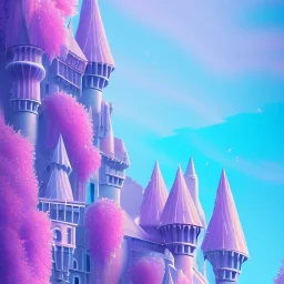 a pink castle, magical crystal pink castel, vertical light, pink and blue wisteria , pink vertical, blue lake,sharp, background vertical blue gradient vertical, elegant, highly detailed, artstation, concept art, smooth, sharp focus, illustration, 8k, splash art, wallpaper, key visual