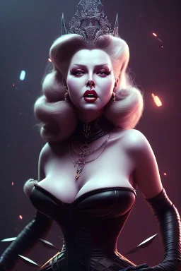 Lana Turner as evil queen in black leather, leather, busty, cleavage, angry, stern look. character design by cory loftis, fenghua zhong, ryohei hase, ismail inceoglu and ruan jia. unreal engine 5, artistic lighting, highly detailed, photorealistic, fantasy