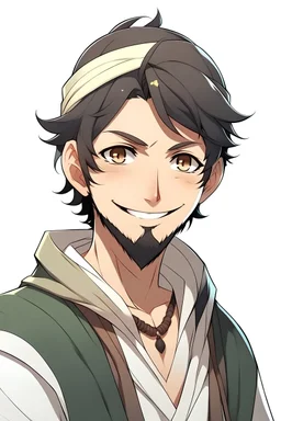 Anime young male, black hair, black beard, black eyes, olive skin, arab style clothes white,and ears normal, smiling