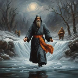 Mystical mad monk Rasputin, legendary figure of Russian folklore, caught in the act of being hurled into a frigid, ripples stirring, icy river by indignant noblemen, swirls of anger and vehemence emitting from their tightly balled fists, dramatic kinetic energy encapsulated, digital illustration accentuating intricate Russian motifs, traditional costumes brimming with details, moonlit landscape, brisk winter scenery, hyper-realistic water texture, high contrast lighting, ultra detailed, historic