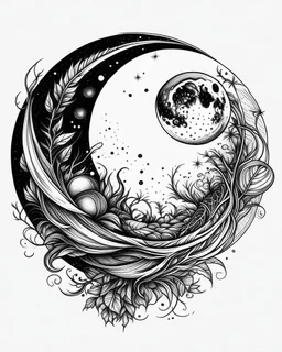 realistic moon tattoo idea, line art, background, vector, svg, black outline on white background, leave plenty of white space beetween lines for coloring, tattoo style, tattoo idea,full body