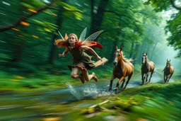 oil painting ,motion blur fast running caped long haired pixie Quickling - Forgotten Realms dodging fire above water and along winding branches in lush green forest along speeding horses , bokeh like f/0.8, tilt-shift lens 8k, high detail, smooth render, down-light, unreal engine, prize winning