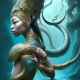 Sango fantasy, fantasy magic, intricate, sharp focus, illustration, highly detailed, digital painting, concept art, matte, art germ and Paul Lewin and Kehinde Wiley, masterpiece Japanese dancer head bronze eel' Asian African girl nice breast Thai hair turquoise silver blue under water