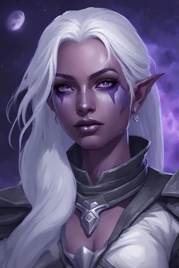 Dungeons and Dragons portrait of the face of a young adult drow rogue blessed by Eilistraee. She has purple eyes, pale armor, white hair, and is surrounded by moonlight