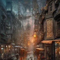 Insanely detailed photograph of an “portrait of gorgeous city” with intricate gears, intricate embroidered band, hyperdetailed painting by Ismail Inceoglu Huang Guangjian and Dan Witz CGSociety ZBrush Central fantasy art album cover art,8K, hdr, romantic, mysterious, ominous, flowers, jewelry, steam,oil,cafe,ramen shop