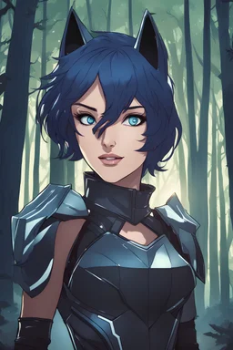 Young woman with midnight blue hair and wolf ears, vivid silver eyes, futuristic leather armor, grinning, fangs, woodland background, RWBY animation style