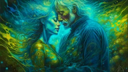 old worn layered canvas, Surrealism, Captivating realistic painting of a MAN, Medium ground, vibrant gold splashes, Multiple exposure, fluffiness, Their faces are BRIGHTLY LITTLE, his hair blends into swirling fractal vines and tree roots, dark green foliage, HE HUGS THE WOMAN, WINGS, Their faces are brightly lit, Flowing hair dissolves into intricate patterns of blue waterfall, Night-time tiny glowing fireflies, Set against a hazy ethereal background, Flashes, Space, Gold fragments, Gold partic