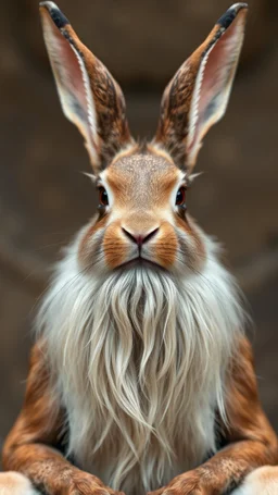 Rabbit front view with human look face and long hair and beard playing the Tom Tom looks like an ancient Sumerian gods ,