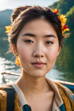 a portrait of beautiful korean and French traveler sits on the boat in the river, top bun hair, victory finger looking camera tilt chin down ever so slightly, illuminated by a brilliant vivid morning, sharp on focus, natural skin, perfect detailed face and eyes, intricately detailed, photorealistic, medium shot, cinematic, dept of field, Canon EOS 5R, 50mm lens, by paolo roversi, HDR, RAW, ultraHD 8K, cinema 4d, octane render, stock photos