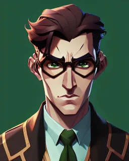 Fit man in round glasses, wavy hair, stubble, slim, tie, monotone, green eyes, comic book style, two tone colours, detailed, ink, realistic, handsome, square jaw, big brows, no jacket, bird on the shoulder, spotlight