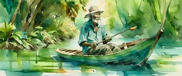 watercolor paintig of an old Indian fisher man in canoe , lush green trees, green mangos in canoe, water, river , colorful, pen line sketch and watercolor painting ,Inspired by the works of Daniel F. Gerhartz, with a fine art aesthetic and a highly detailed, realistic style