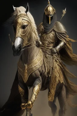 Arab warrior Full Body Full Armored Wearing Face Masculine Mysterious Powerful Fantasy High Quality Carrying his bow Golden clothes His horse behind him