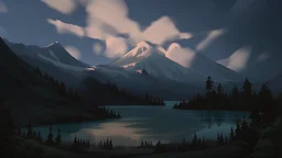 Stylized image of a forest, near a serene lake and mountains in the background at sunrise