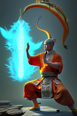 shaolin master vs yoga dragon, water, temple background, mist, trending on artstation, oil painting, game art