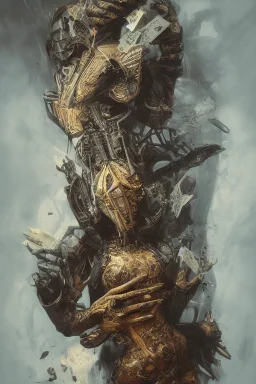 A harlequin character, playing cards with other people , sf, intricate artwork masterpiece, ominous, matte painting movie poster, golden ratio, trending on cgsociety, intricate, epic, trending on artstation, by artgerm, h. r. giger and beksinski, highly detailed, vibrant, production cinematic character render, ultra high quality model