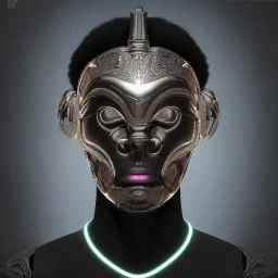 "Organic bionic African male cyborg, alien mask openings, filigree, iridescent metal, shiny, neon, LEDs, diffuse lighting, african print leather with fur black and white fantasy, intricate, elegant, highly detailed, lifelike, photorealistic, dramatic makeup, digital painting, illustration, concept art