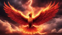 Hyper Realistic Abstract Blazing-Phoenix flying on red-sky-having-golden-glowing-wings with thunderstorm in a dramatic-environment & cinematic Ambiance