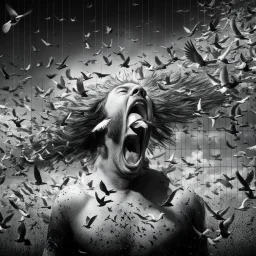 A black and white image of a man screaming with his eyes covered. His head is surrounded by a flock of birds, professional camera (zoom), Canon EOS R5, edge lighting, cinematic lighting, translucency, extrusion and gradient value change, specular attenuation and contrast, strong ambient occlusion overlay, depth parallax, photorealistic, 4K, 3D, realism, hyperrealism, macro detail and clear texture, good lighting, detailed texture, modern photography style, 3D, 4D, 4K --2:3