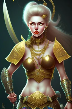 lady warrior with gold short top and flower