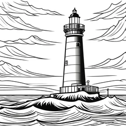 create a coloring book page image of a lighthouse at sea, simple, black and white, easy to color