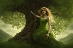 full body shot of a young woman covered in tiny green filigree leaves, emerging from a summer tree, detailed matte painting, deep colour, fantastical, intricate detail