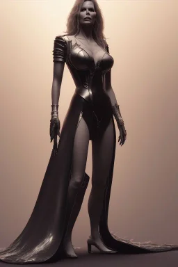 Kim Basinger in black leather gown, evil,energetic, villain, busty, cleavage, curvy, angry, happy, stern look. character design by cory loftis, fenghua zhong, ryohei hase, ismail inceoglu and ruan jia. unreal engine 5, artistic lighting, highly detailed, photorealistic, fantasy