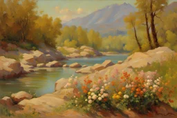 sunny day, mountains, river, rocks, flowers, trees, spring, henry luyten and auguste oleffe impressionism paintings